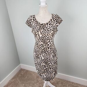 Sharagano Sheath Capped Sleeve Animal Print Bodycon Midi Dress Size 8